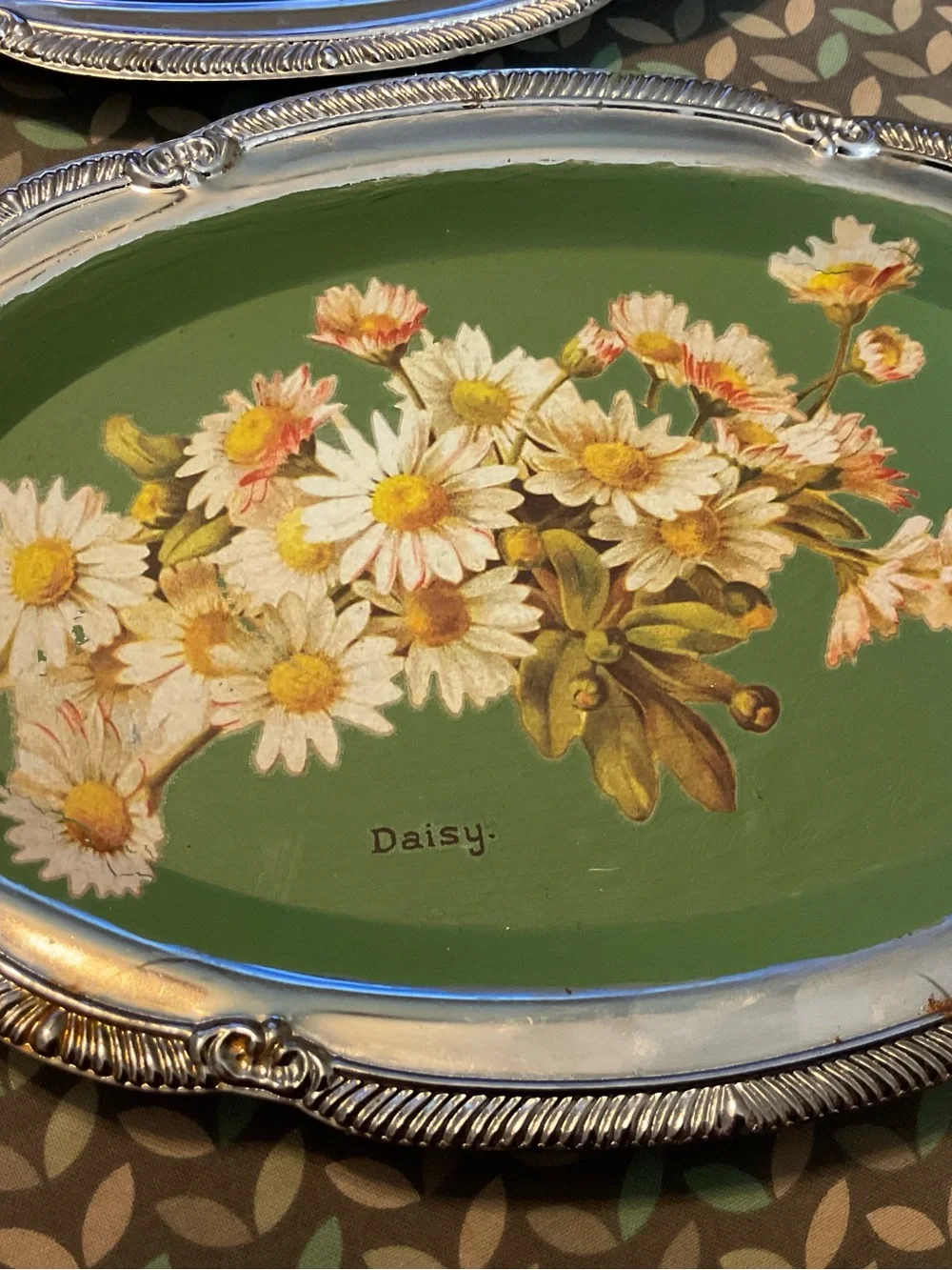 Vintage Floral Decorative Trays - Green with Red Blossoms & White Daisies